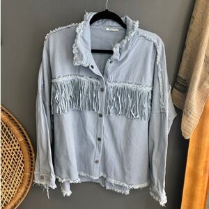 GeeGee Womens 1XL Light Wash Denim Shacket Rhinestone Fringe Frayed